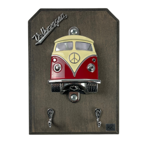 Abridor de Garrafa de Parede Kombi Bege e Vermelho Com Porta Chaves