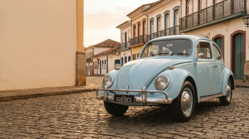 Fusca 1960 numa rua de paralelepípedo