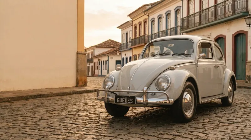 Fusca 1961 numa rua de paralelepípedo