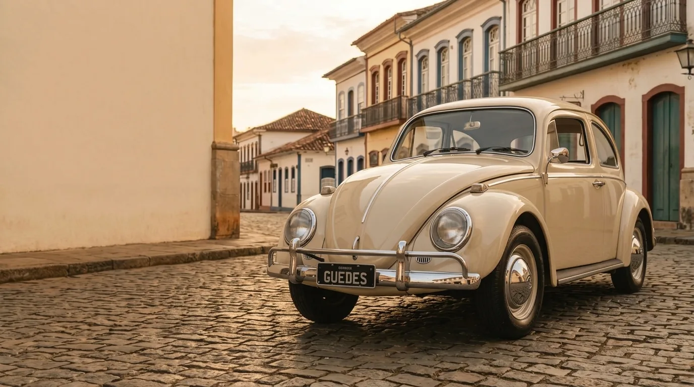 Fusca bege-areia estacionado numa rua de paralelepípedo com casario colonial ao entardecer, placa preta escrita Guedes