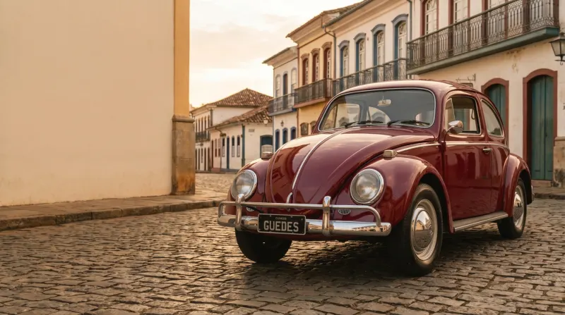 Fusca 1964 numa rua de paralelepípedo