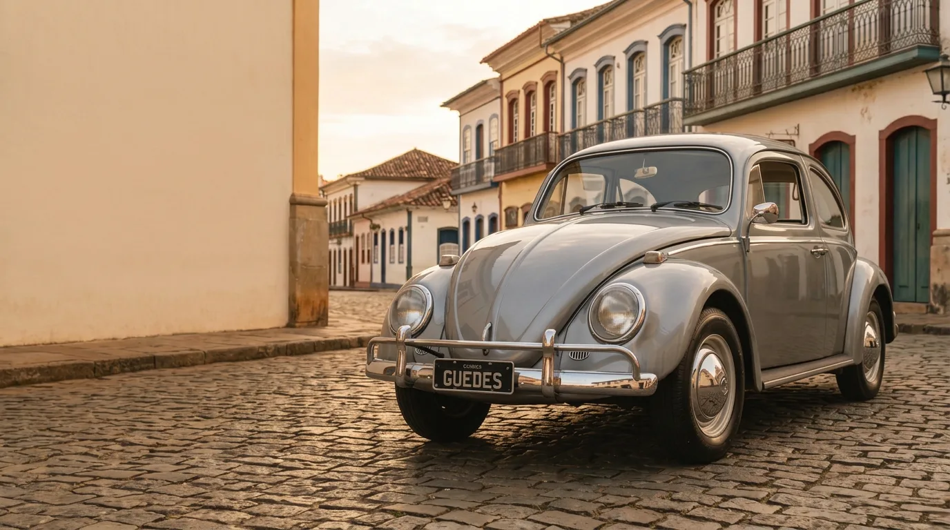 Fusca cinza-prata estacionado numa rua de paralelepípedo com casario colonial ao entardecer, placa preta escrita Guedes