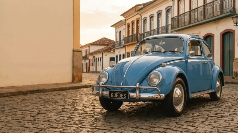 Fusca 1966 numa rua de paralelepípedo