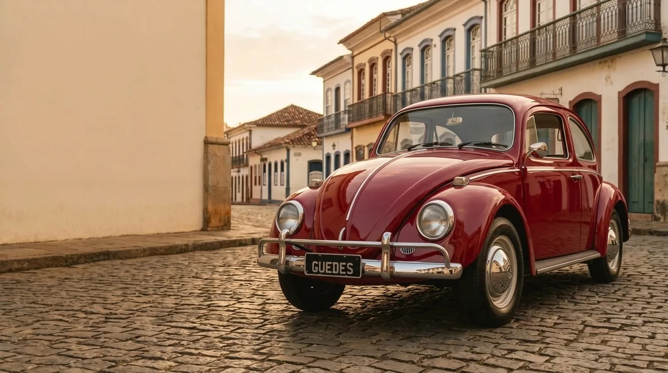 Fusca vermelho-cereja estacionado numa rua de paralelepípedo com casario colonial ao entardecer, placa preta escrita Guedes