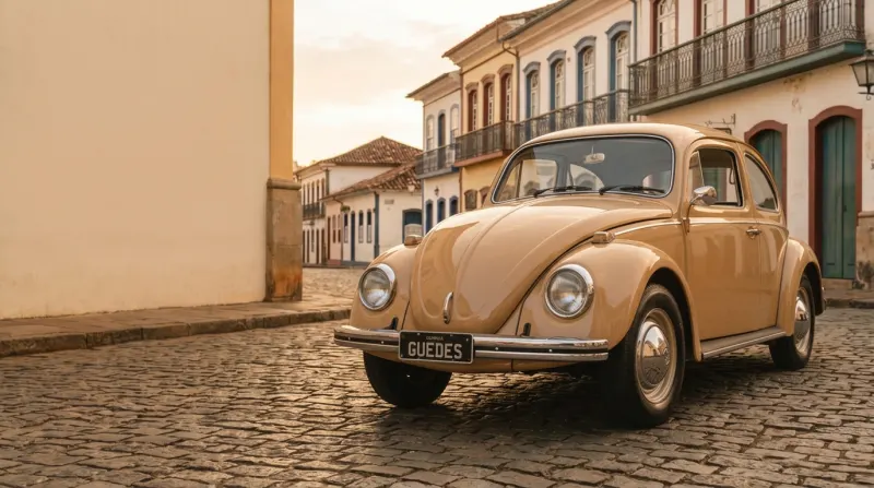 Fusca 1970 numa rua de paralelepípedo