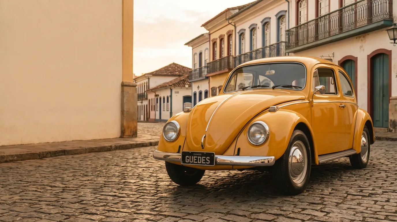 Fusca amarelo-manga estacionado numa rua de paralelepípedo com casario colonial ao entardecer, placa preta escrita Guedes