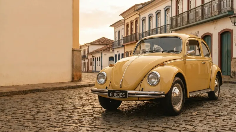 Fusca 1973 numa rua de paralelepípedo