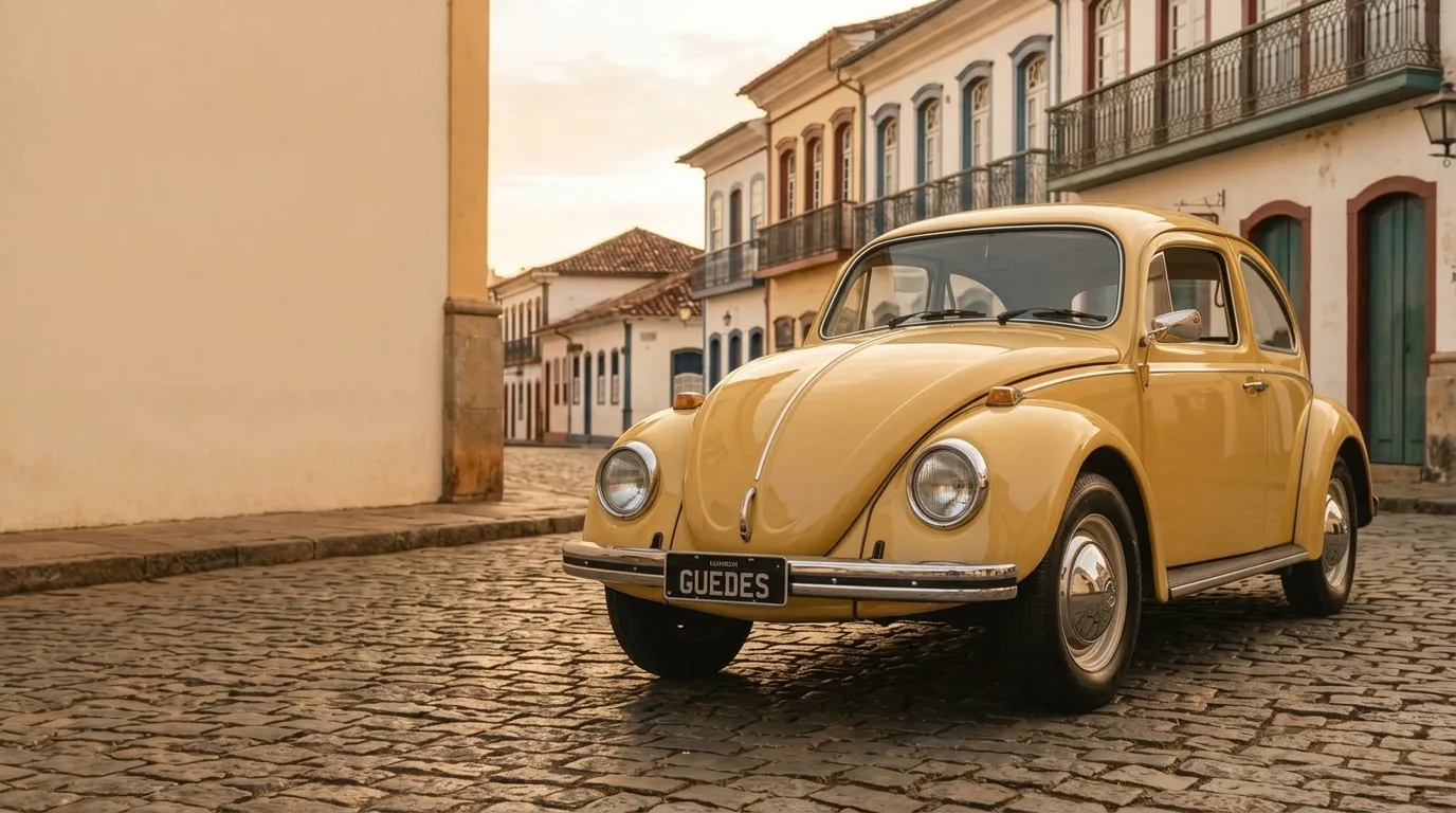 Fusca amarelo-safári estacionado numa rua de paralelepípedo com casario colonial ao entardecer, placa preta escrita Guedes