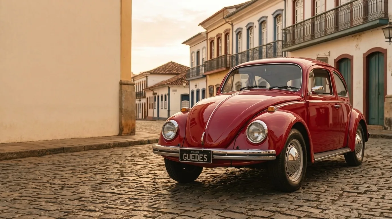 Fusca vermelho-rubi estacionado numa rua de paralelepípedo com casario colonial ao entardecer, placa preta escrita Guedes