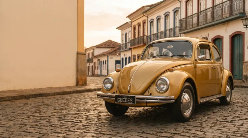 Fusca 1976 numa rua de paralelepípedo