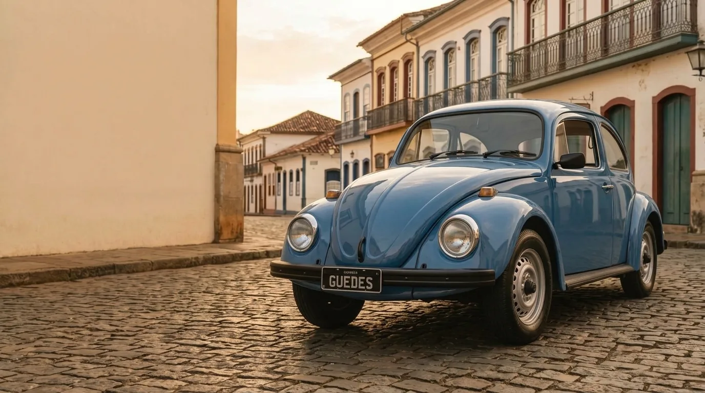 Fusca azul estacionado numa rua de paralelepípedo com casario colonial ao entardecer, placa preta escrita Guedes