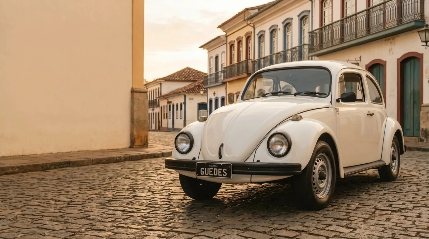 Fusca branco estacionado numa rua de paralelepípedo com casario colonial ao entardecer, placa preta escrita Guedes