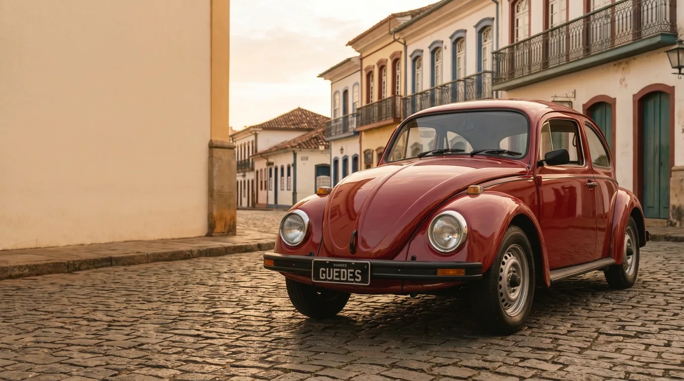 Fusca vermelho-escuro estacionado numa rua de paralelepípedo com casario colonial ao entardecer, placa preta escrita Guedes