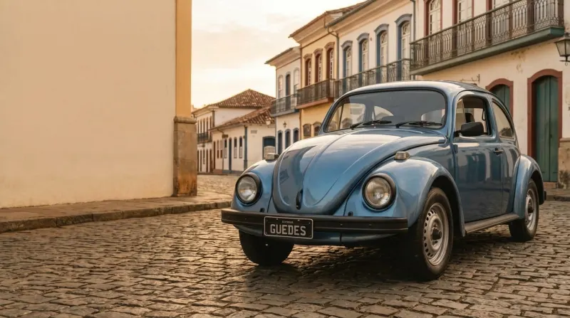 Fusca 1984 numa rua de paralelepípedo