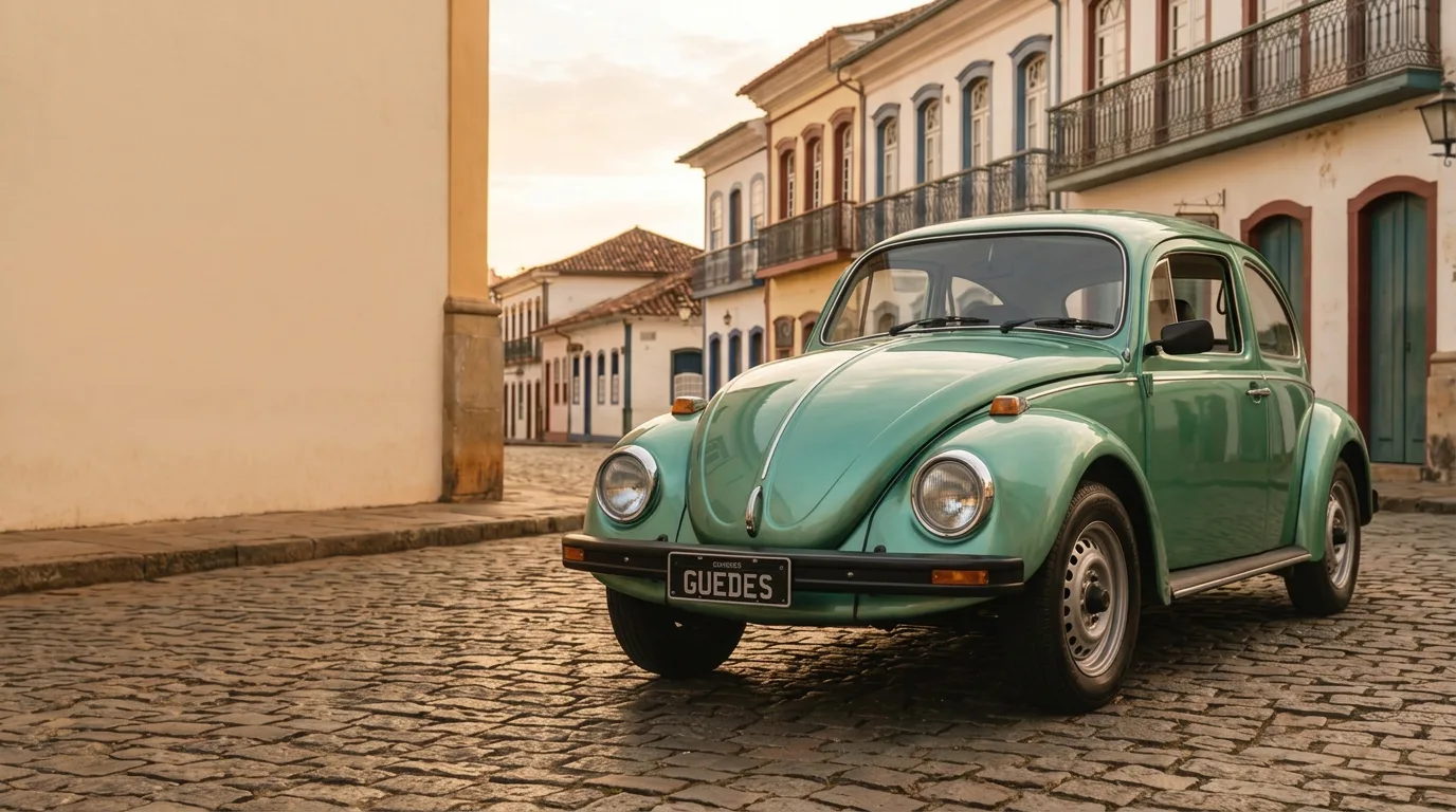 Fusca verde metálico estacionado numa rua de paralelepípedo com casario colonial ao entardecer, placa preta escrita Guedes