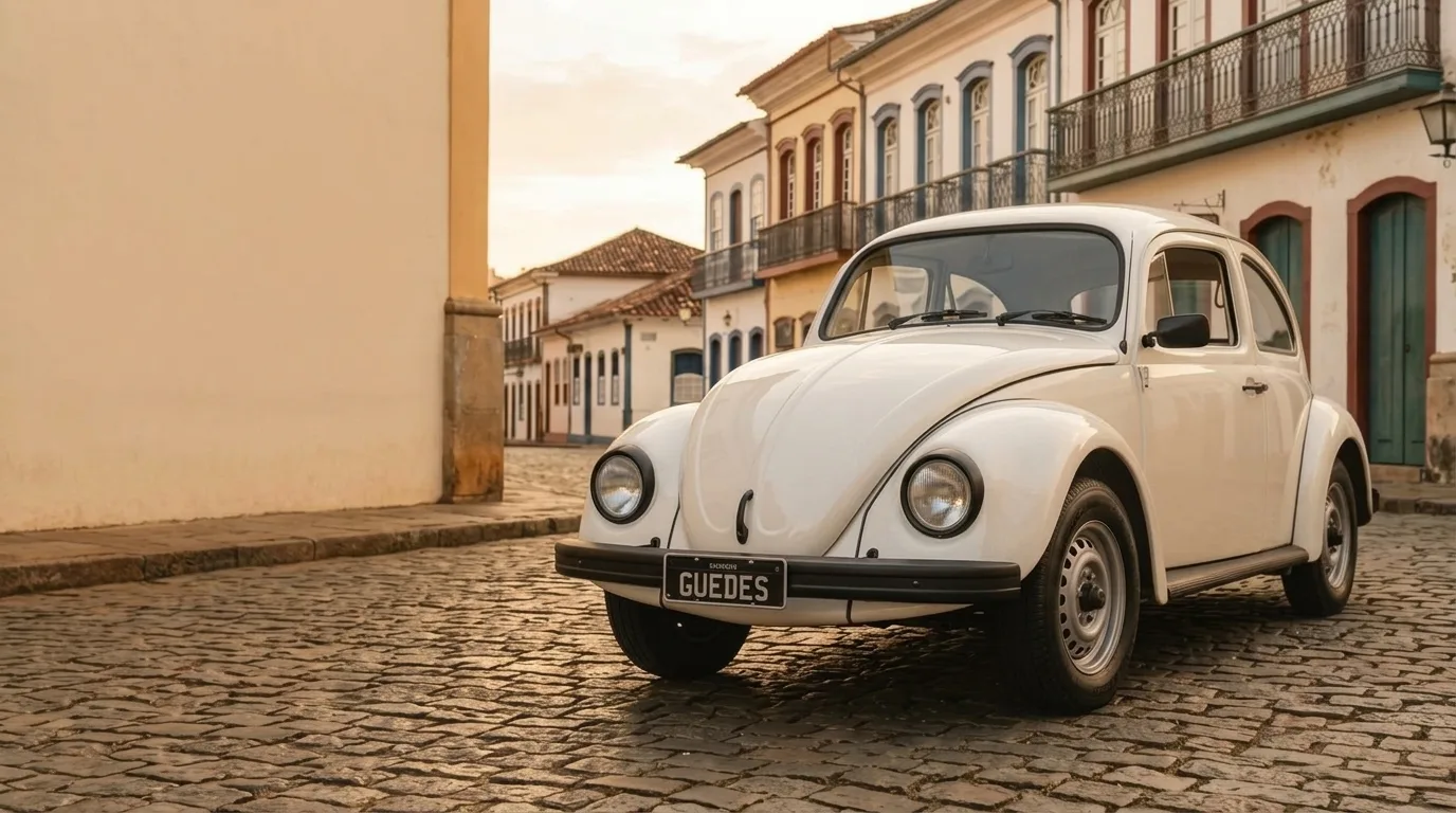 Fusca branco estacionado numa rua de paralelepípedo com casario colonial ao entardecer, placa preta escrita Guedes