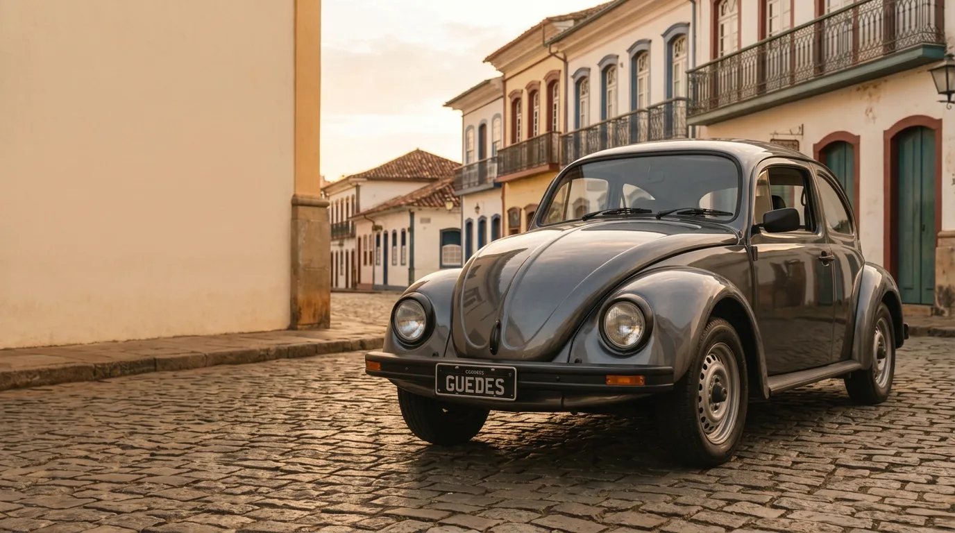 Fusca cinza metálico estacionado numa rua de paralelepípedo com casario colonial ao entardecer, placa preta escrita Guedes