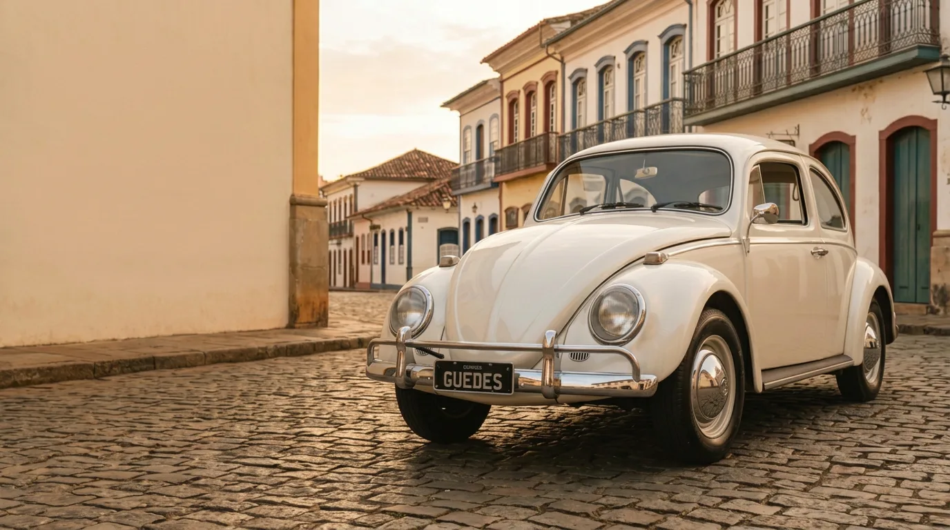 Fusca branco-pérola estacionado numa rua de paralelepípedo com casario colonial ao entardecer, placa preta escrita Guedes